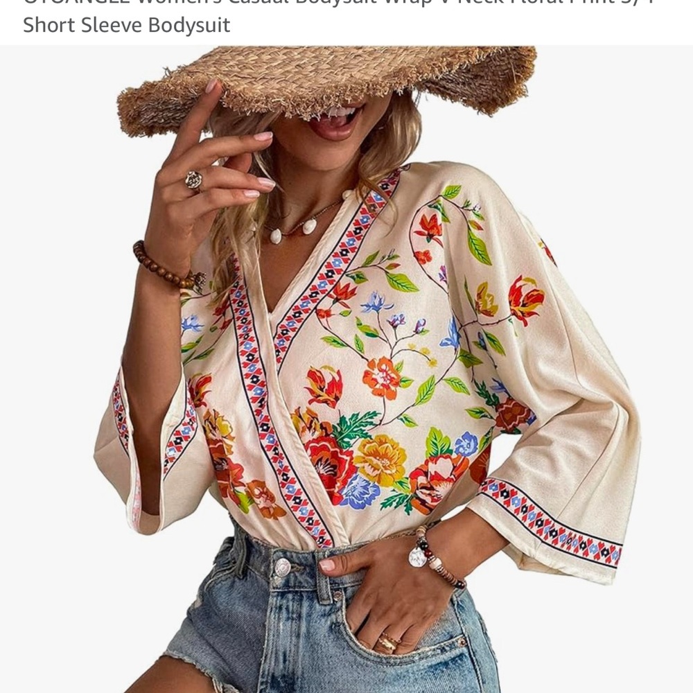Gorgeous Bohemian Bright Colored Floral 3/4 Dolman Sleeve Bodysuit Size XL NWT - Picture 7 of 16